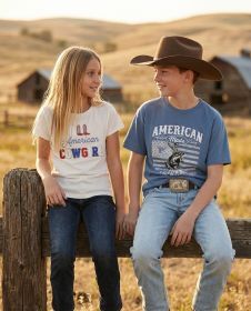 A boy and girl wearing patriotic tees