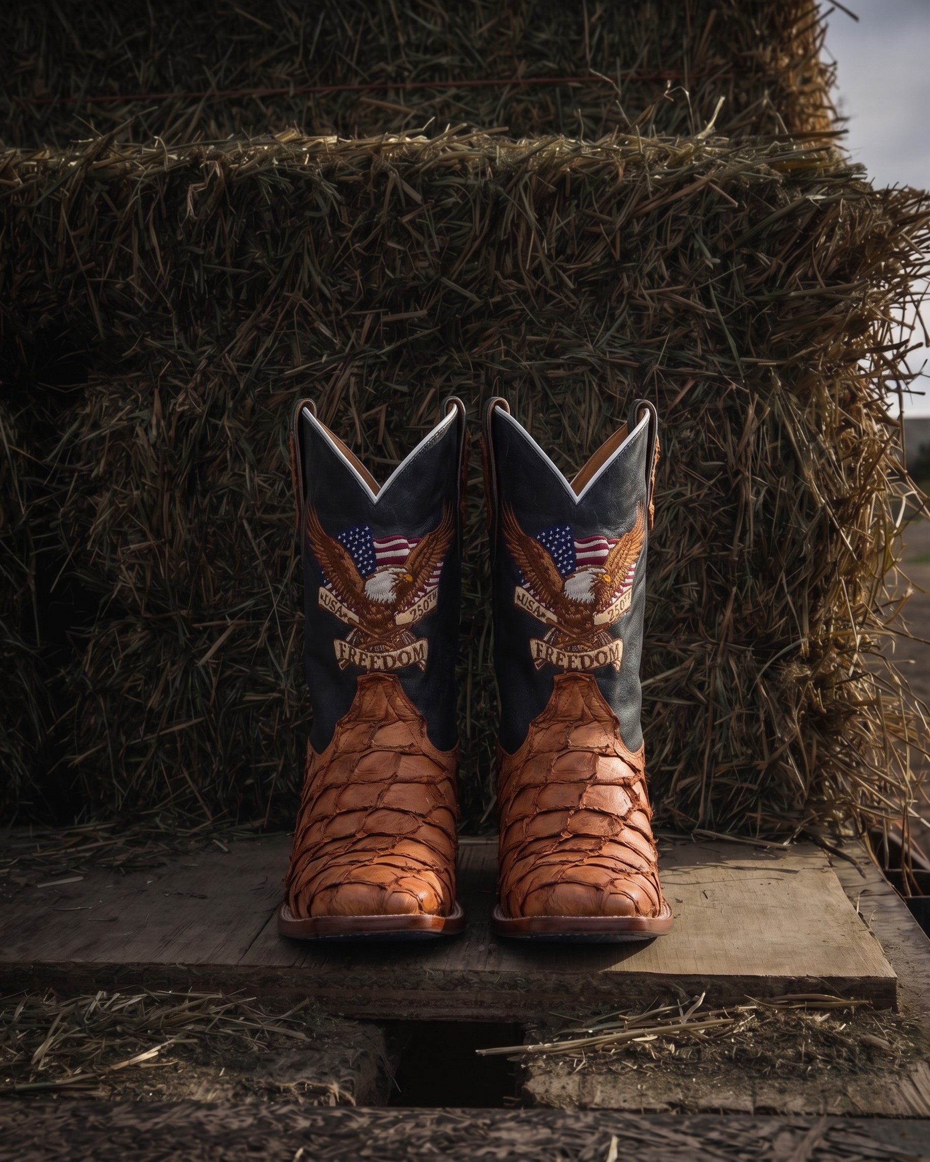 Cody James Pirarucu Exotic Boot standing on hay